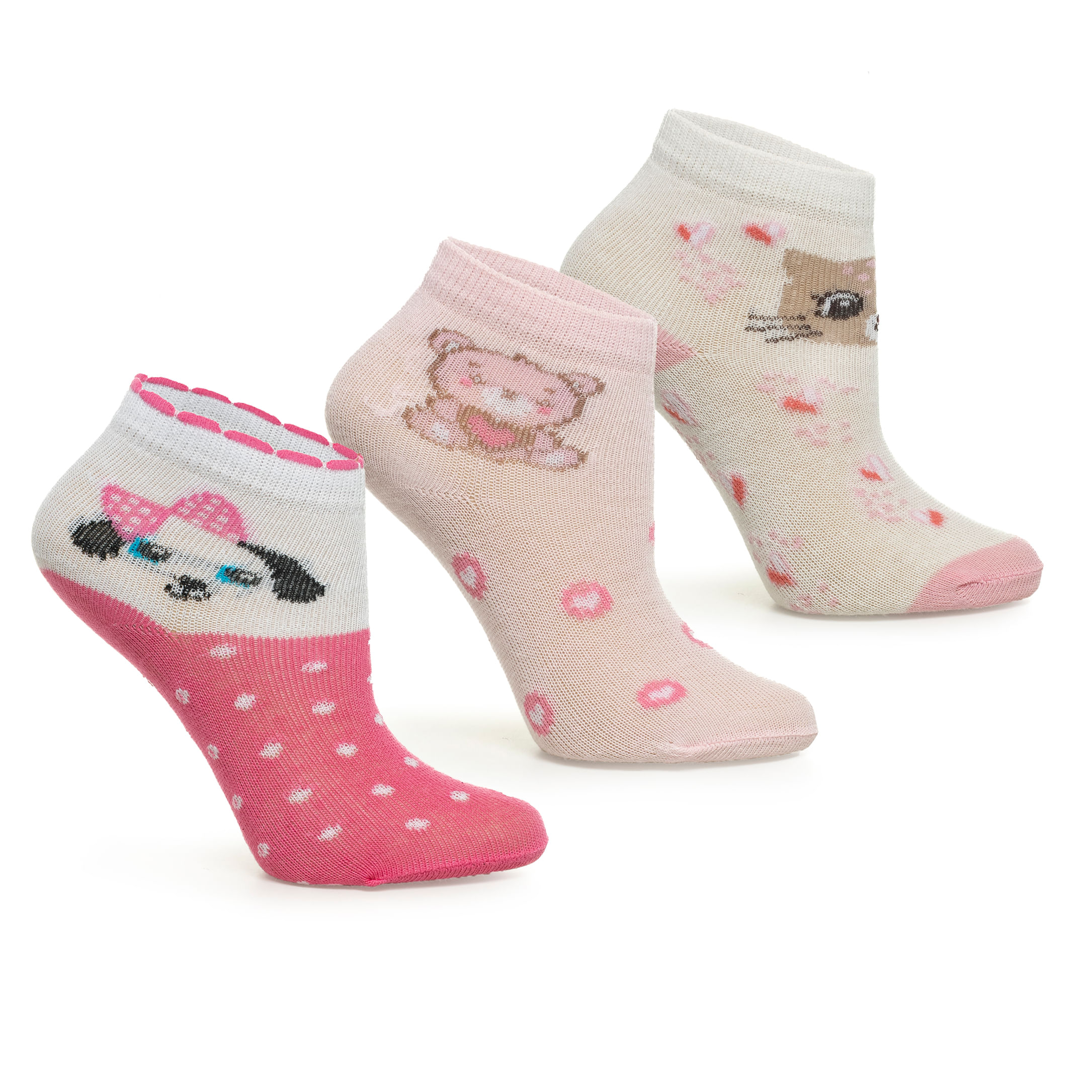 Conjunto de três meias infantis Done Head tamanho 20 a 23, cor rosa com estampas divertidas de cachorro e ursinho